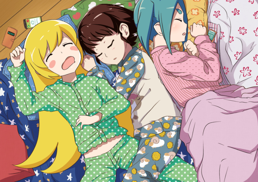 alternate_costume hachikuji_mayoi ononoki_yotsugi open_mouth oshino_shinobu pajamas sleeping sleeping_on_person snoring