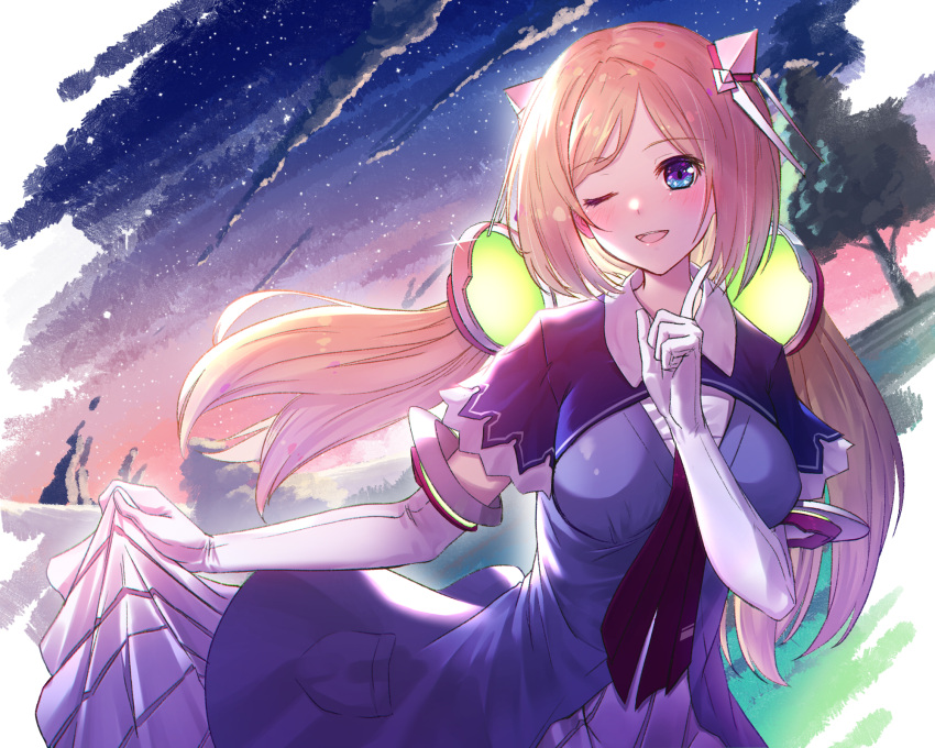 1girl aki_rosenthal bangs blonde_hair blue_eyes blush breasts clouds collar detached_hair elbow_gloves eyebrows_visible_through_hair gloves grass hair_ornament highres hololive index_finger_raised long_hair medium_breasts one_eye_closed open_mouth outdoors parted_bangs skirt skirt_lift sky smile solo star_(sky) starry_sky ten_no_hoshi tree twintails virtual_youtuber white_collar white_gloves