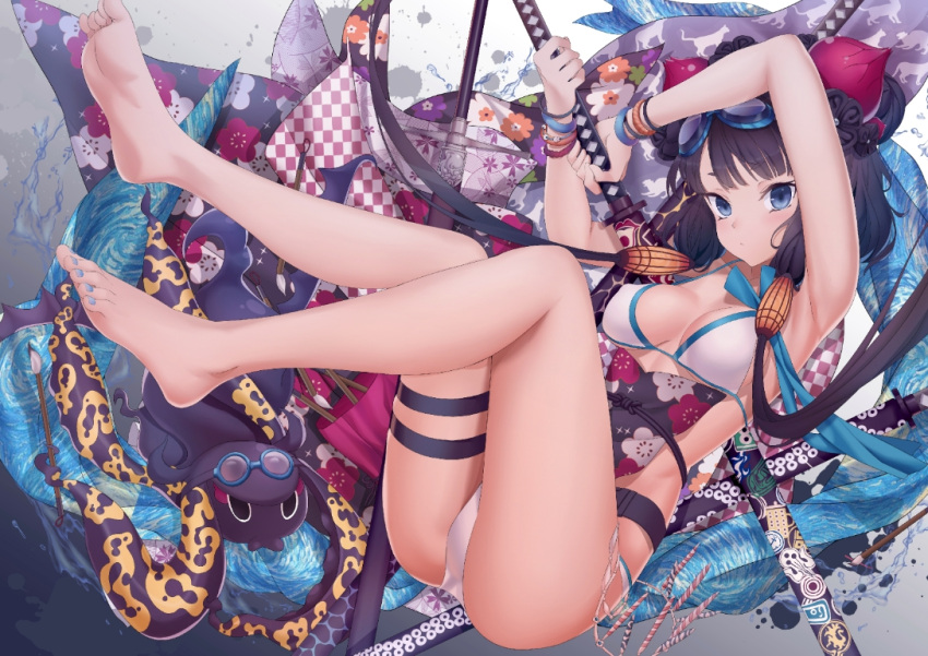 1girl animal arms_up bangs bare_legs barefoot bikini black_hair blue_eyes blue_nails breasts checkered closed_mouth commentary_request eyebrows_visible_through_hair fate/grand_order fate_(series) feet fingernails floral_print gradient gradient_background grey_background hair_ornament holding holding_sword holding_weapon katana katsushika_hokusai_(fate/grand_order) katsushika_hokusai_(swimsuit_saber)_(fate) legs_up long_hair low_twintails medium_breasts nail_polish octopus sheath sheathed swimsuit sword tentacles thigh_strap tokitarou_(fate/grand_order) twintails very_long_hair weapon white_background white_bikini xo_(xo17800108)