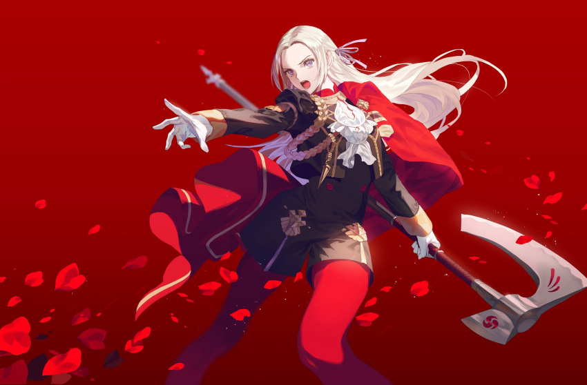 1girl axe blonde_hair blue_eyes cape cravat edelgard_von_hresvelg fajyobore323 fire_emblem fire_emblem:_three_houses gloves hair_ornament hair_ribbon highres long_hair looking_at_viewer pantyhose red_cape ribbon simple_background solo uniform weapon