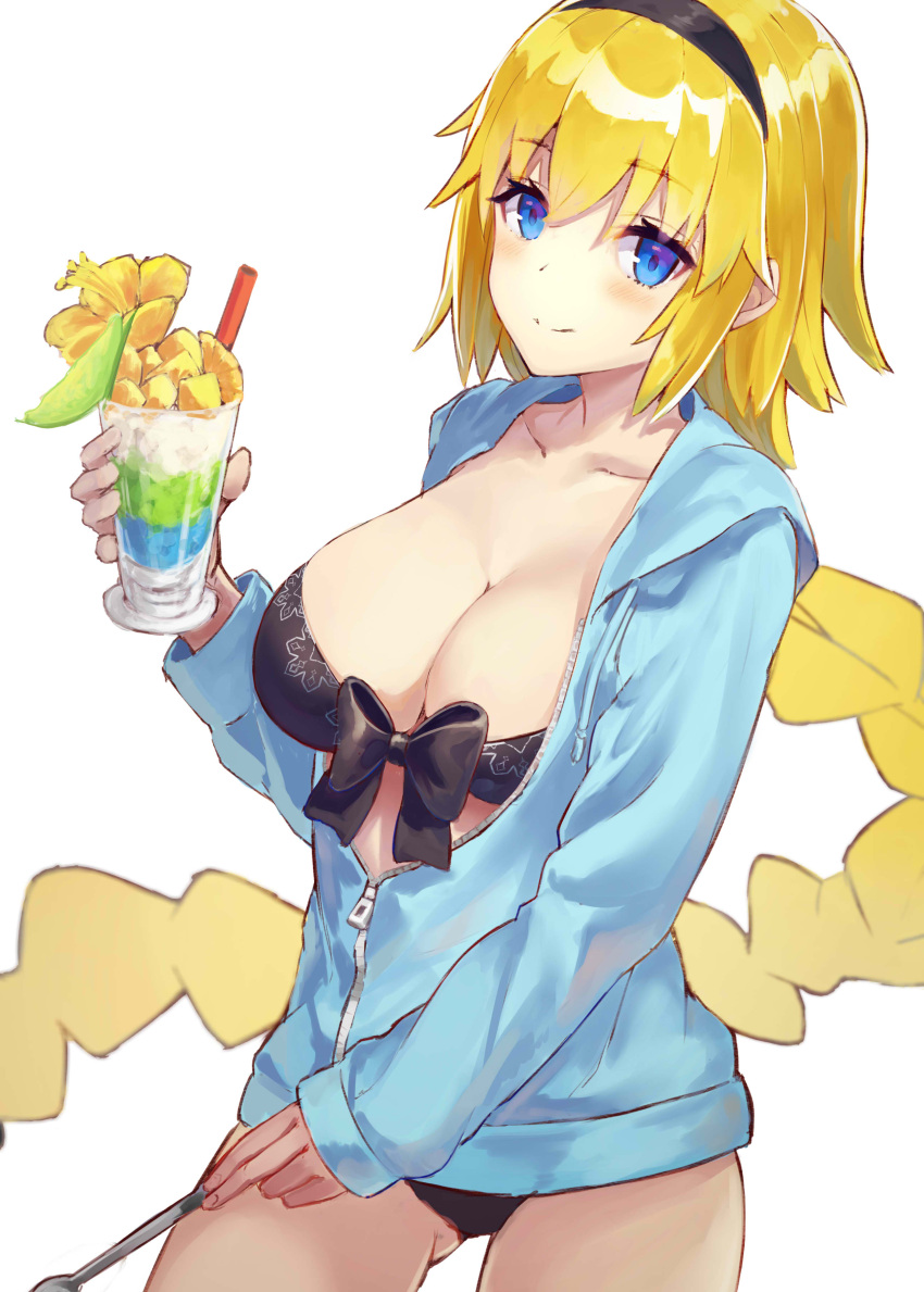 1girl absurdres asymmetrical_breasts bikini black_bikini black_headband blonde_hair blue_eyes blue_jacket braid commentary_request cup fate/grand_order fate_(series) fruit_cup gatling033 headband highres holding holding_cup hood hooded_jacket jacket jeanne_d'arc_(fate)_(all) jeanne_d'arc_(swimsuit_archer) long_braid ponytail simple_background single_braid smile solo swimsuit white_background