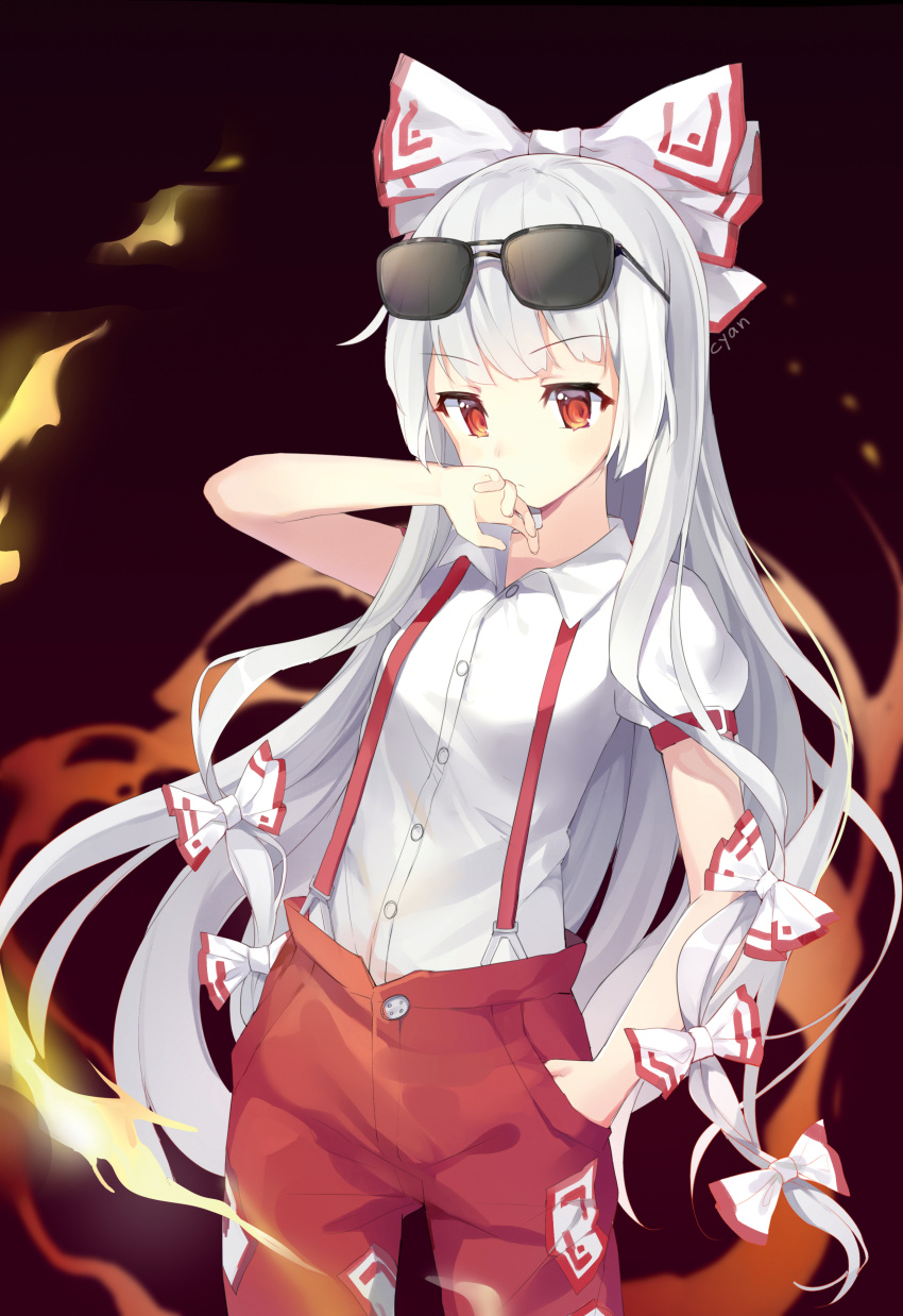 1girl absurdres arm_up bangs black_background blush bow commentary cowboy_shot eyebrows_visible_through_hair eyewear_on_head fire fujiwara_no_mokou hair_bow hand_in_pocket highres liuqing_(635320902) long_hair looking_at_viewer ofuda pants puffy_short_sleeves puffy_sleeves red_eyes red_pants shirt short_sleeves sidelocks silver_hair simple_background solo standing sunglasses suspenders touhou very_long_hair white_bow white_shirt