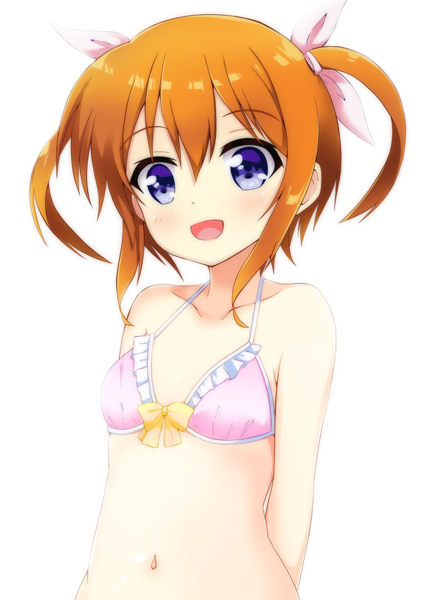 1girl arms_behind_back bikini blush bow brown_hair collarbone eyebrows_visible_through_hair flat_chest frills hair_ornament hair_ribbon highres kimura_matsuri looking_at_viewer lyrical_nanoha mahou_shoujo_lyrical_nanoha navel open_mouth pink_bikini ribbon simple_background solo swimsuit takamachi_nanoha twintails upper_body violet_eyes