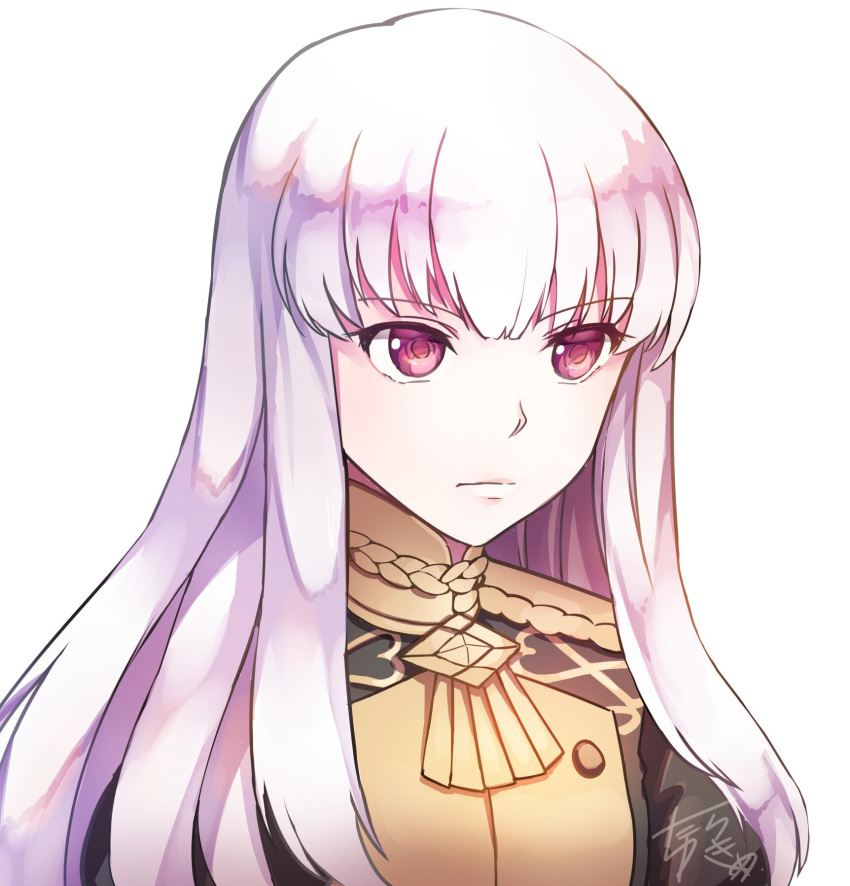 1girl bangs blush epaulettes fire_emblem fire_emblem:_three_houses highres jacket long_hair long_sleeves looking_at_viewer lysithea_von_ordelia pink_eyes simple_background solo uniform upper_body violet_eyes white_background white_hair yukimiyuki