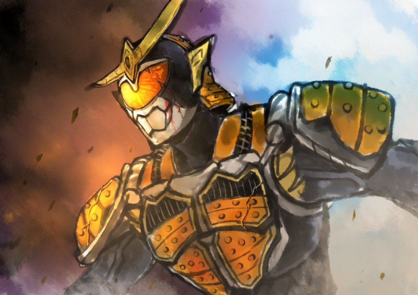 1boy armor belt blood damaged emiya_shirou fate/stay_night fate/unlimited_blade_works fate_(series) food fruit helmet holding kamen_rider kamen_rider_gaim kamen_rider_gaim_(series) lock_seed male_focus mask orange parody solo tokusatsu unlimited_blade_works weapon yusuki_(fukumen)