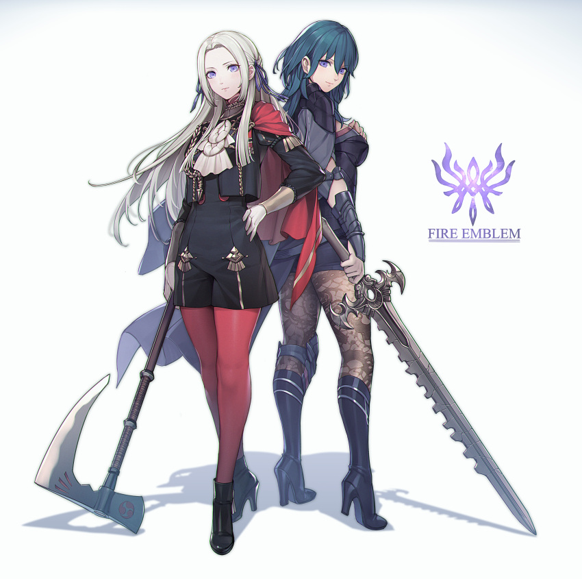 2girls absurdres ankle_boots armor ascot axe back-to-back black_footwear blue_eyes blue_hair boots breasts brown_legwear byleth_eisner_(female) cape closed_mouth copyright_name elbow_pads fire_emblem fire_emblem:_three_houses floral_print forehead full_body gloves hair_between_eyes hair_ribbon hand_on_hip hand_on_own_chest high_heel_boots high_heels highres holding holding_sword holding_weapon knee_boots knee_pads long_hair long_sleeves looking_at_viewer looking_back medium_breasts multiple_girls pantyhose pauldrons pen_(steelleets) print_legwear purple_ribbon red_cape red_legwear ribbon shoulder_armor silver_hair simple_background smile standing sword vambraces violet_eyes weapon white_background white_gloves white_neckwear