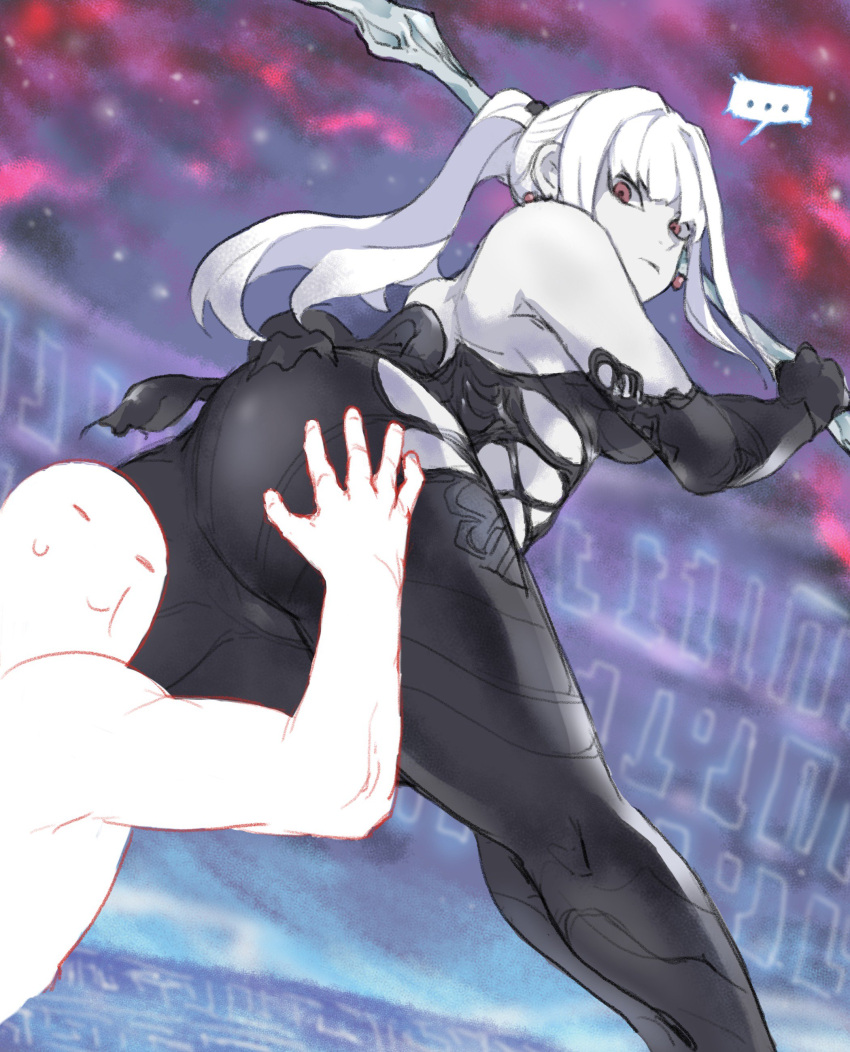 ... 1boy 1girl absurdres ass bangs black_gloves breasts closed_mouth earrings elbow_gloves final_fantasy final_fantasy_xiv galaxy gloves highres holding holding_weapon jewelry looking_back omega-f phantasianight ponytail red_eyes smile speech_bubble star star_(sky) sweat sweatdrop tied_hair weapon white_hair