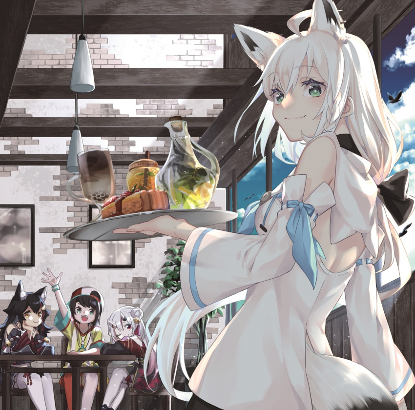 4girls ahoge animal_ear_fluff animal_ears baggy_clothes bangs baseball_cap bell bird black_hair blue_eyes blue_sky blush braid breasts bubble_tea cafe cake closed_eyes day detached_sleeves eyebrows_visible_through_hair fams_(group) food fox_ears fox_girl fox_tail from_behind from_side gezerun green_eyes hair_between_eyes hair_bun hand_up hat head_on_hand highres holding holding_tray hololive indoors japanese_clothes jingle_bell kouhaku_nawa lights long_hair looking_at_viewer medium_breasts multicolored_hair multiple_girls nakiri_ayame official_art oni oni_horns ookami_mio oozora_subaru open_mouth picture_(object) redhead shirakami_fubuki shirt shorts side_braid sitting sky smile streaked_hair striped striped_shirt table tail tied_hair tray very_long_hair virtual_youtuber white_hair wide_sleeves window wolf_ears wristband yellow_eyes