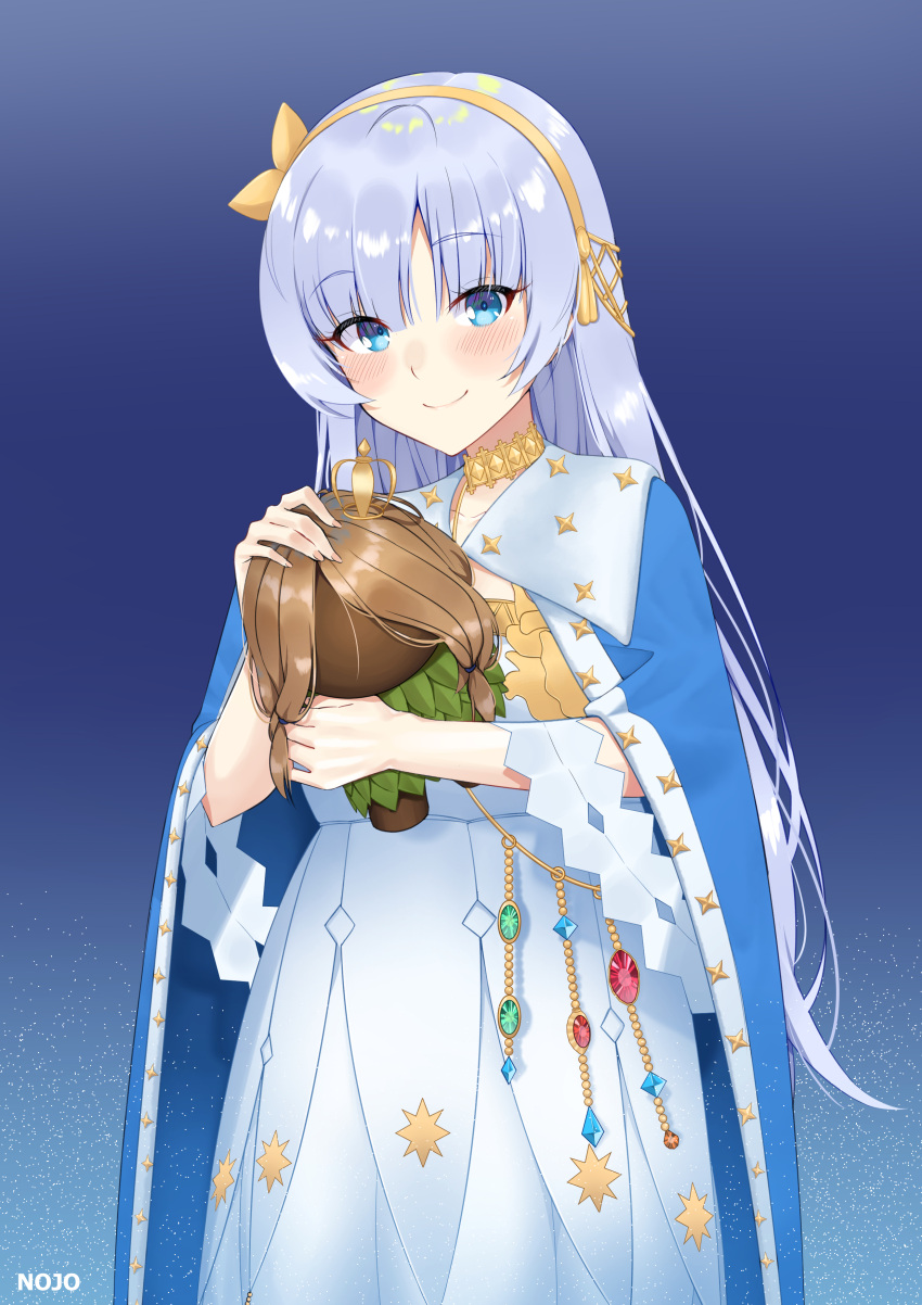 1girl 9nojo absurdres anastasia_(fate/grand_order) artist_name bangs blue_eyes blush breasts cape commentary crown doll dress eyebrows_visible_through_hair fate/grand_order fate_(series) hair_between_eyes hair_over_one_eye hairband highres holding jewelry long_hair looking_at_viewer mini_crown royal_robe silver_hair smile solo very_long_hair white_dress