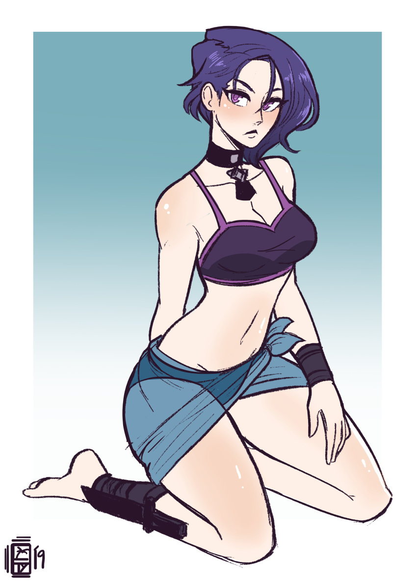 1girl absurdres asymmetrical_hair bikini blue_hair breasts choker fire_emblem fire_emblem:_three_houses highres large_breasts looking_at_viewer purple_hair scruffyturtles serious shamir_navrant short_hair simple_background solo swimsuit violet_eyes