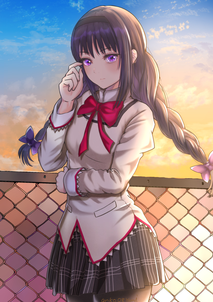 1girl absurdres akemi_homura artist_name bangs black_hair bow bowtie braid chain-link_fence clouds cloudy_sky fence hair_ribbon headband highres huge_filesize long_hair long_sleeves looking_at_viewer mahou_shoujo_madoka_magica mitakihara_school_uniform pantyhose pleated_skirt ribbon school_uniform skirt sky solo twin_braids violet_eyes yami_anko