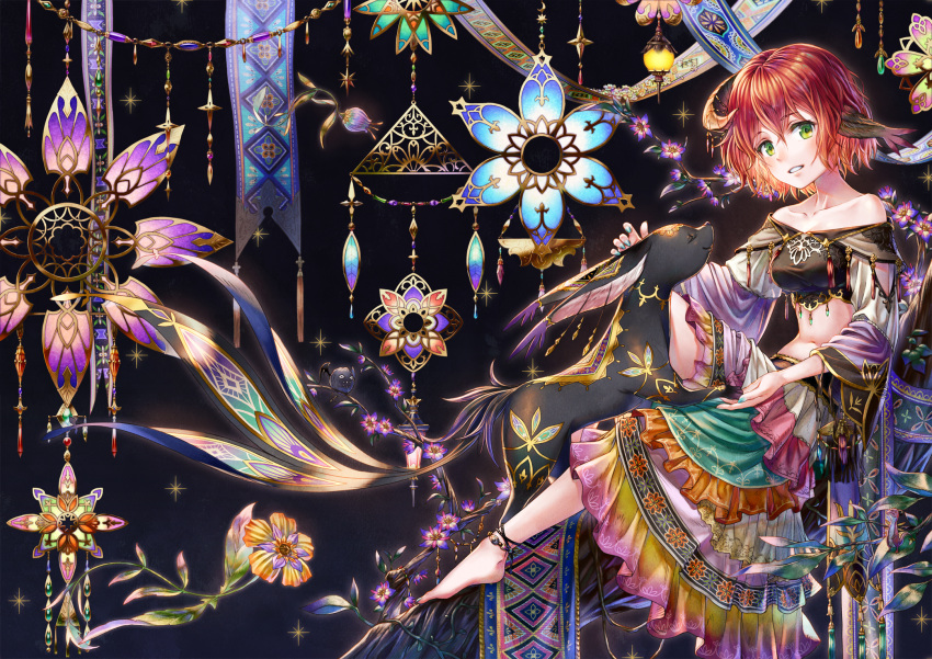 1girl animal animal_ears bare_shoulders barefoot black_background blue_nails crescent crescent_hair_ornament dress fantasy flower gold_trim green_eyes hair_ornament highres long_sleeves looking_at_viewer midriff navel original parted_lips redhead sho_(sumika) short_hair sitting solo