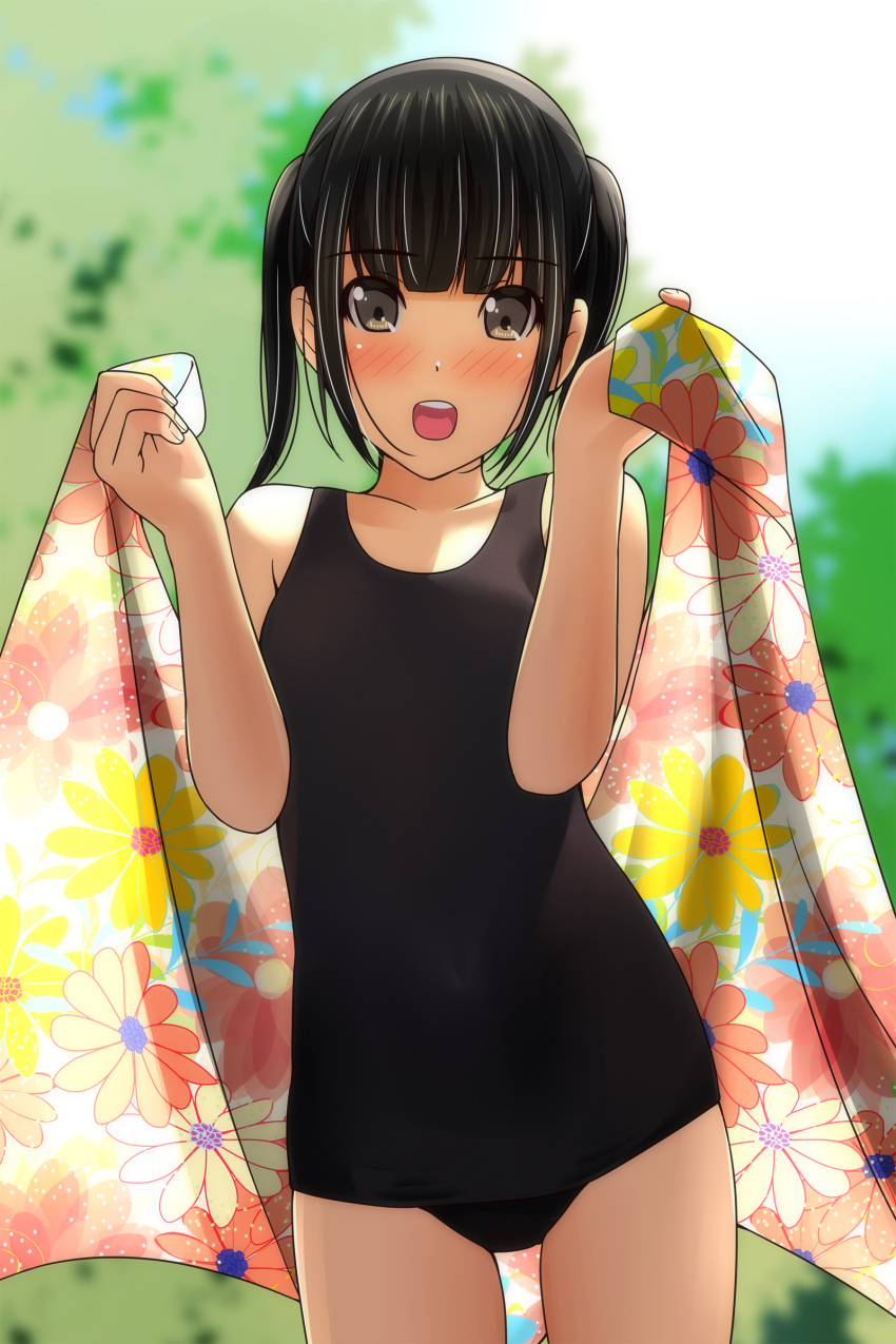 1girl :d absurdres bare_arms bare_shoulders black_hair black_swimsuit blurry blurry_background blush brown_eyes cowboy_shot day depth_of_field floral_print hands_up highres holding holding_towel long_hair matsunaga_kouyou nose_blush old_school_swimsuit one-piece_swimsuit open_mouth original outdoors round_teeth school_swimsuit smile solo standing swimsuit teeth towel twintails unmoving_pattern upper_teeth