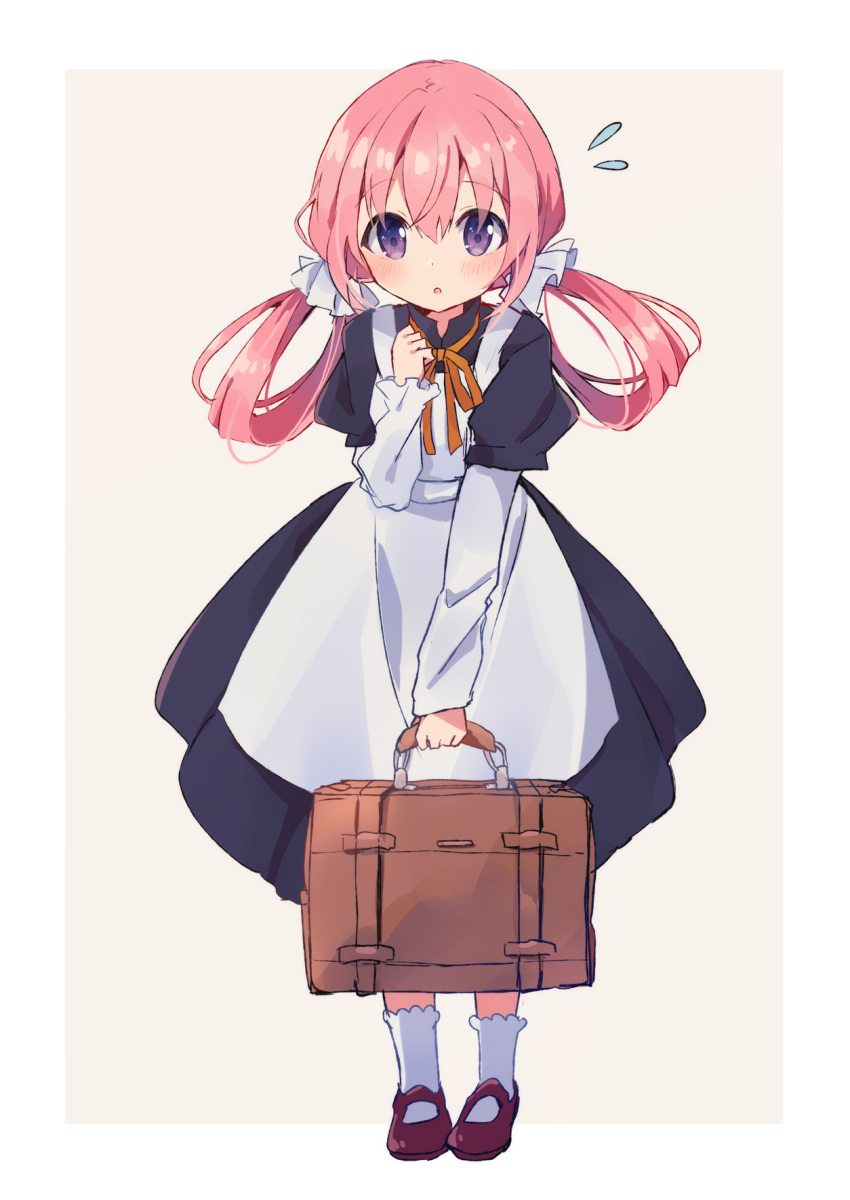 1girl :o apron asanagi_kurumi_(panda-doufu) bag bangs black_dress blush brown_background clenched_hand dress eyebrows_visible_through_hair flying_sweatdrops full_body hair_ornament hair_rings hair_scrunchie hand_on_own_chest hand_up highres holding holding_bag long_sleeves looking_at_viewer maid mary_janes original pink_hair puffy_short_sleeves puffy_sleeves purple_footwear scrunchie shirt shoes short_over_long_sleeves short_sleeves socks solo twintails violet_eyes white_apron white_legwear white_scrunchie white_shirt