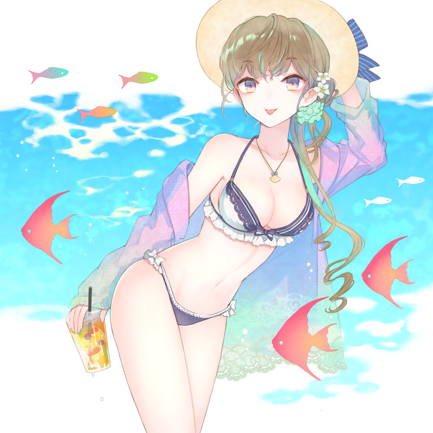 1girl angelfish bare_shoulders bikini blue_bikini brown_hair collarbone cowboy_shot cup disposable_cup drink drinking_straw fish frilled_bikini frills halter_top halterneck hand_on_headwear hand_up hat highres holding holding_cup jewelry kuroyuki long_hair looking_at_viewer mismatched_bikini navel necklace off_shoulder original see-through solo standing sun_hat swimsuit tongue tongue_out water white_bikini yellow_eyes
