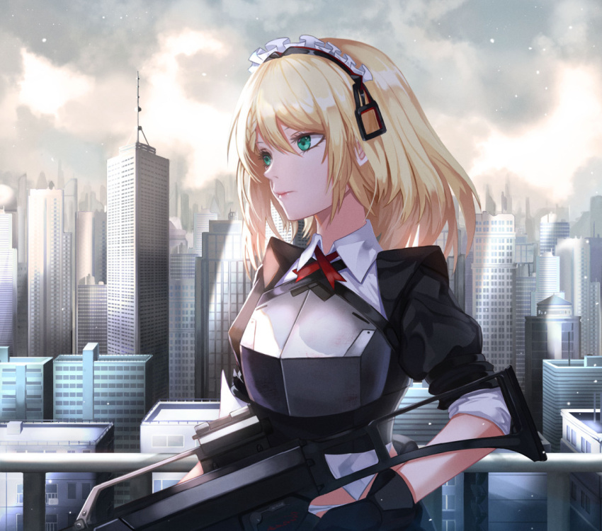 1girl armor assault_rifle bangs black_gloves blonde_hair braid breastplate collared_shirt french_braid g36_(girls_frontline) girls_frontline gloves green_eyes gun h&amp;k_g36 holding holding_gun holding_weapon ihan maid maid_headdress medium_hair mod3_(girls_frontline) neck_ribbon red_ribbon ribbon rifle shirt sidelocks sleeves_folded_up weapon wing_collar