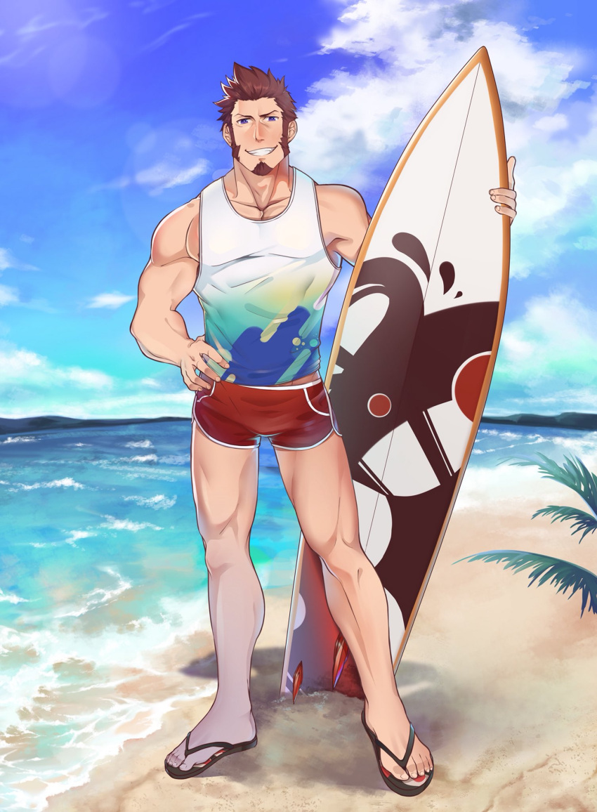 1boy abs bara beard blue_eyes brown_hair chest clouds cloudy_sky facial_hair fate/grand_order fate_(series) full_body hand_on_hip highres icelernd looking_at_viewer male_focus muscle napoleon_bonaparte_(fate/grand_order) nipple_slip nipples ocean pectorals sandals scar shorts sky smile solo surfboard swimsuit tank_top