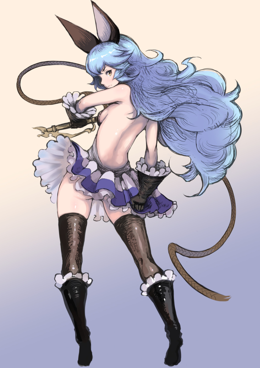 1girl animal_ears ass backless_dress backless_outfit bare_back black_footwear black_gloves black_legwear blue_hair boots breasts commentary_request dress dress_tug erune ferry_(granblue_fantasy) flat_ass frown full_body gloves granblue_fantasy highres holding holding_weapon johan_(johan13) knee_boots long_hair looking_back nose rabbit_ears shiny shiny_skin sideboob small_breasts solo thigh-highs wavy_hair weapon whip yellow_eyes