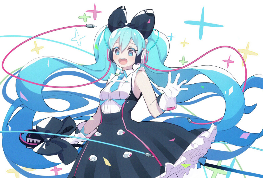 black_bow black_dress blue_eyes blue_hair blue_neckwear blush bow cable chi_ya commentary cowboy_shot dress frilled_dress frills gloves hair_bow hair_ornament hatsune_miku headphones holding_microphone_stand long_hair looking_at_viewer magical_mirai_(vocaloid) microphone_stand necktie open_mouth outstretched_hand short_necktie sleeveless sleeveless_dress smile sparkle standing twintails very_long_hair vocaloid waving white_background white_gloves
