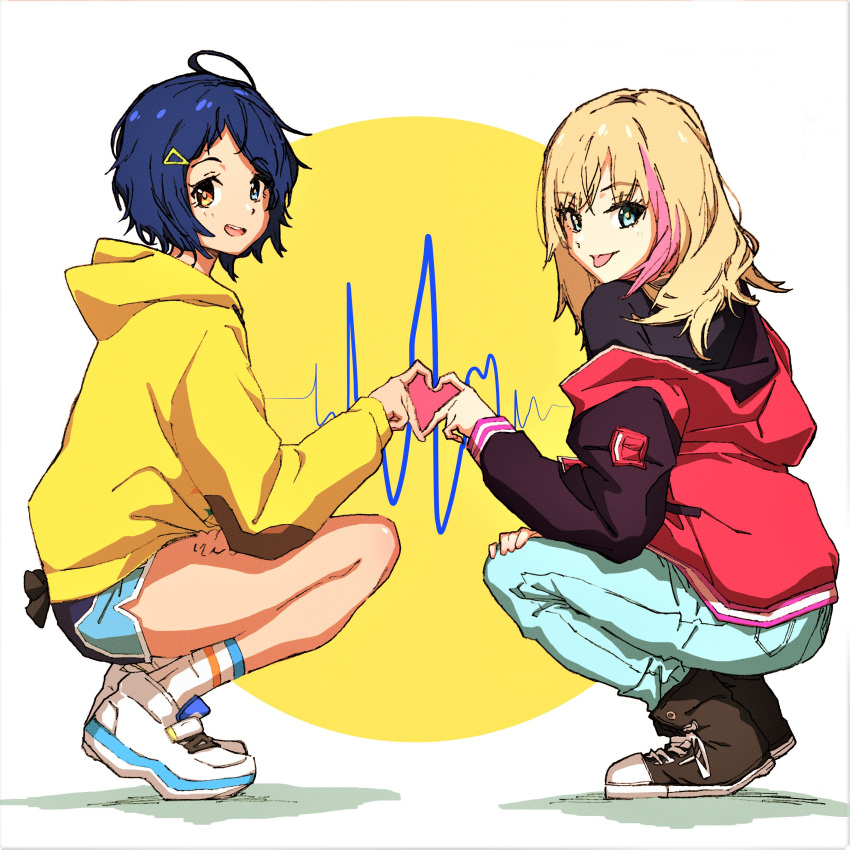 2girls :p absurdres bloom_into_me15 converse denim heart heart_hands heart_hands_duo heartbeat heterochromia highres hood hoodie jeans kawai_rika multiple_girls ooto_ai open_mouth pants shorts squatting tongue tongue_out wonder_egg_priority yellow_hoodie