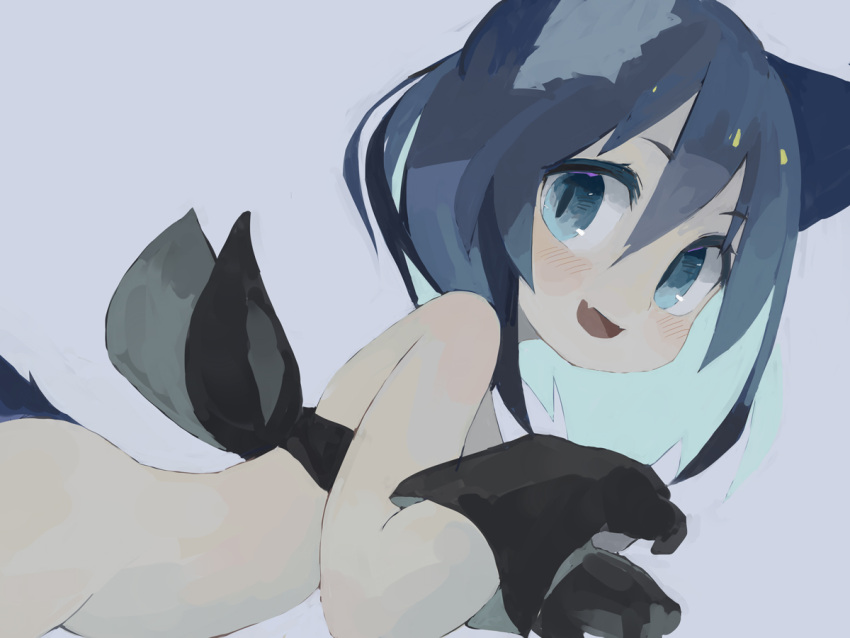 1girl :d animal_ear_fluff animal_ears bandeau bangs bare_shoulders black_bandeau black_gloves blue_background blue_eyes blue_hair blush bottomless commentary_request eyebrows_behind_hair fang gloves hair_between_eyes hands_up long_hair looking_at_viewer looking_to_the_side open_mouth original pappii_(paprika_shikiso) paprika_shikiso sidelocks simple_background smile solo tail