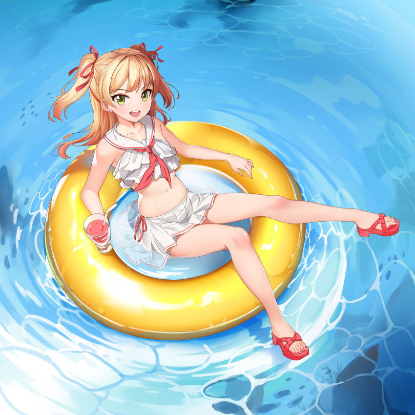 1girl absurdres bikini_skirt blonde_hair breasts collarbone commentary_request drinking_straw eyebrows_visible_through_hair from_above green_eyes hair_ornament highres holding hpb8642 idolmaster idolmaster_cinderella_girls innertube jougasaki_rika long_hair looking_at_viewer navel open_mouth pink_footwear pink_nails shoes sitting skirt smile solo toenail_polish two_side_up water white_skirt