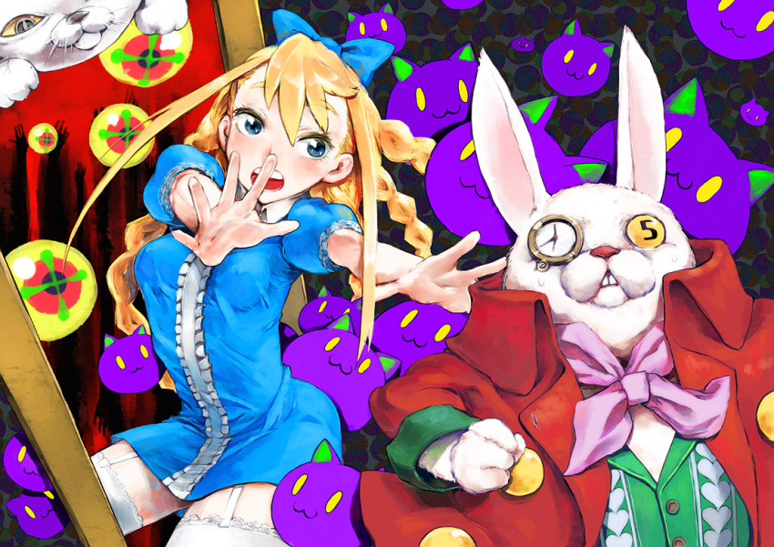 alice alice_(wonderland) alice_in_wonderland blonde_hair blue_eyes cheshire_cat garters outstretched_arm outstretched_hand pocket_watch reaching sanae watch white_rabbit