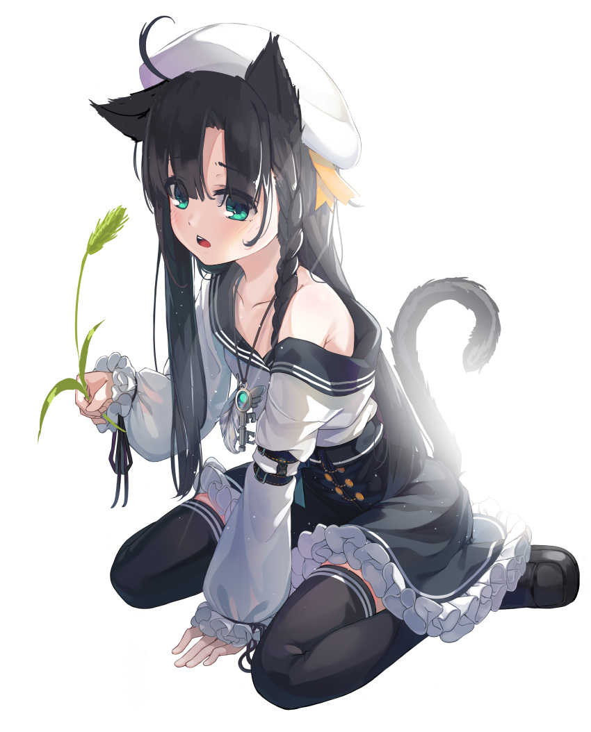 1girl absurdres ahoge animal_ears aqua_eyes bare_shoulders beret between_legs black_footwear black_hair black_legwear black_skirt blush braid cat_ears cat_girl cat_tail cat_teaser collarbone feathers frills hat high-waist_skirt highres jewelry key kimyo long_hair long_sleeves looking_at_viewer necklace off_shoulder open_mouth original shirt shoes simple_background sitting skirt solo tail thigh-highs wariza white_background white_headwear white_shirt