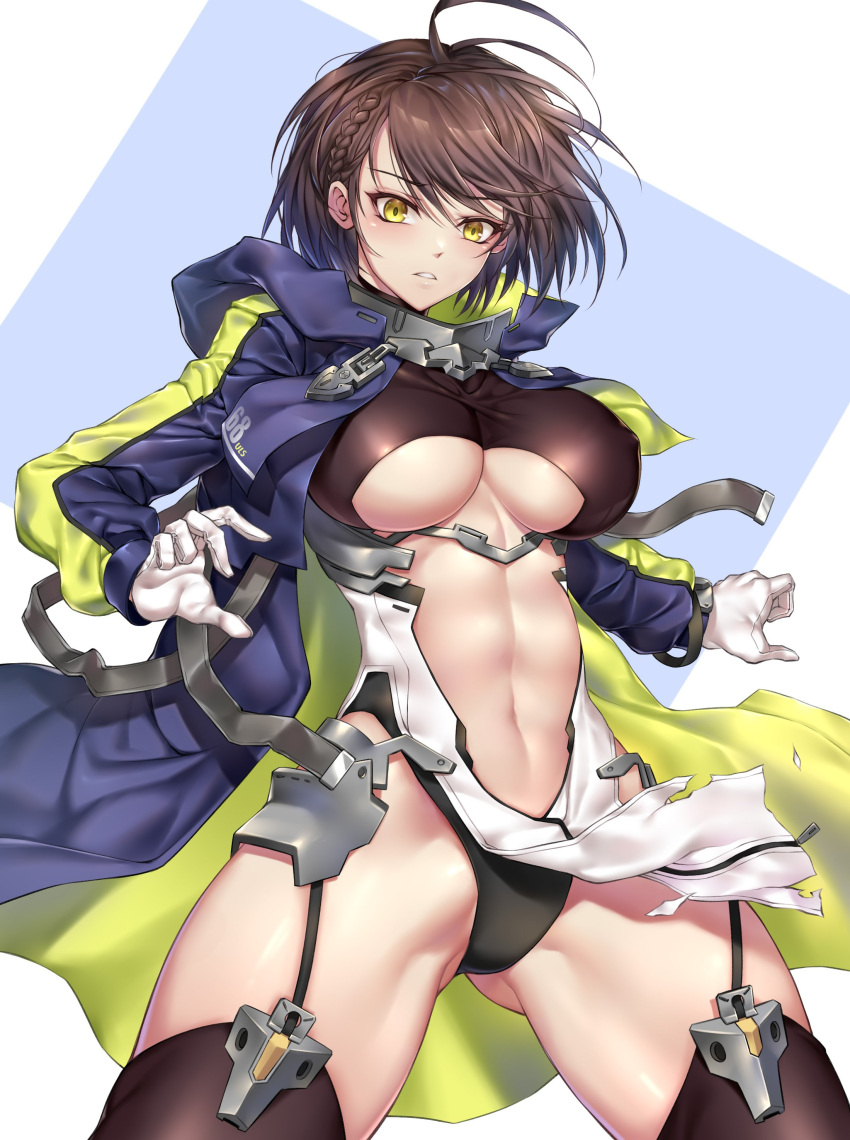 1girl absurdres ahoge azur_lane baltimore_(azur_lane) bangs black_leotard blush boots braid breasts brown_hair center_opening coat cowboy_shot floating_hair garter_straps gloves groin hair_between_eyes hands_up highres large_breasts leotard looking_at_viewer nasaniliu navel open_clothes open_coat open_mouth pelvic_curtain purple_coat rigging short_hair simple_background solo stomach thigh-highs thigh_boots underboob_cutout white_gloves yellow_eyes