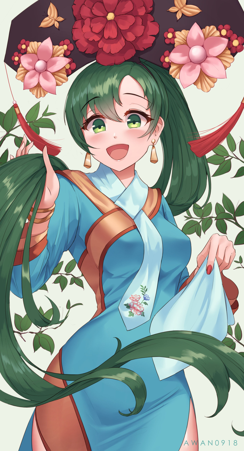 1girl absurdres alternate_costume artist_name asymmetrical_bangs awan0918 bangs blue_dress bracelet breasts chinese_clothes cute dress earrings eyebrows_visible_through_hair fire_emblem fire_emblem:_rekka_no_ken fire_emblem:_the_blazing_blade fire_emblem_blazing_sword floral_print flower green_eyes green_hair grey_background hand_in_hair handkerchief hat highres intelligent_systems jewelry leaf long_hair long_sleeves looking_at_viewer lyn_(fire_emblem) lyndis_(fire_emblem) medium_breasts moe nintendo open_mouth parted_bangs parted_lips plant ponytail red_nails side_slit simple_background smile solo super_smash_bros. tassel very_long_hair