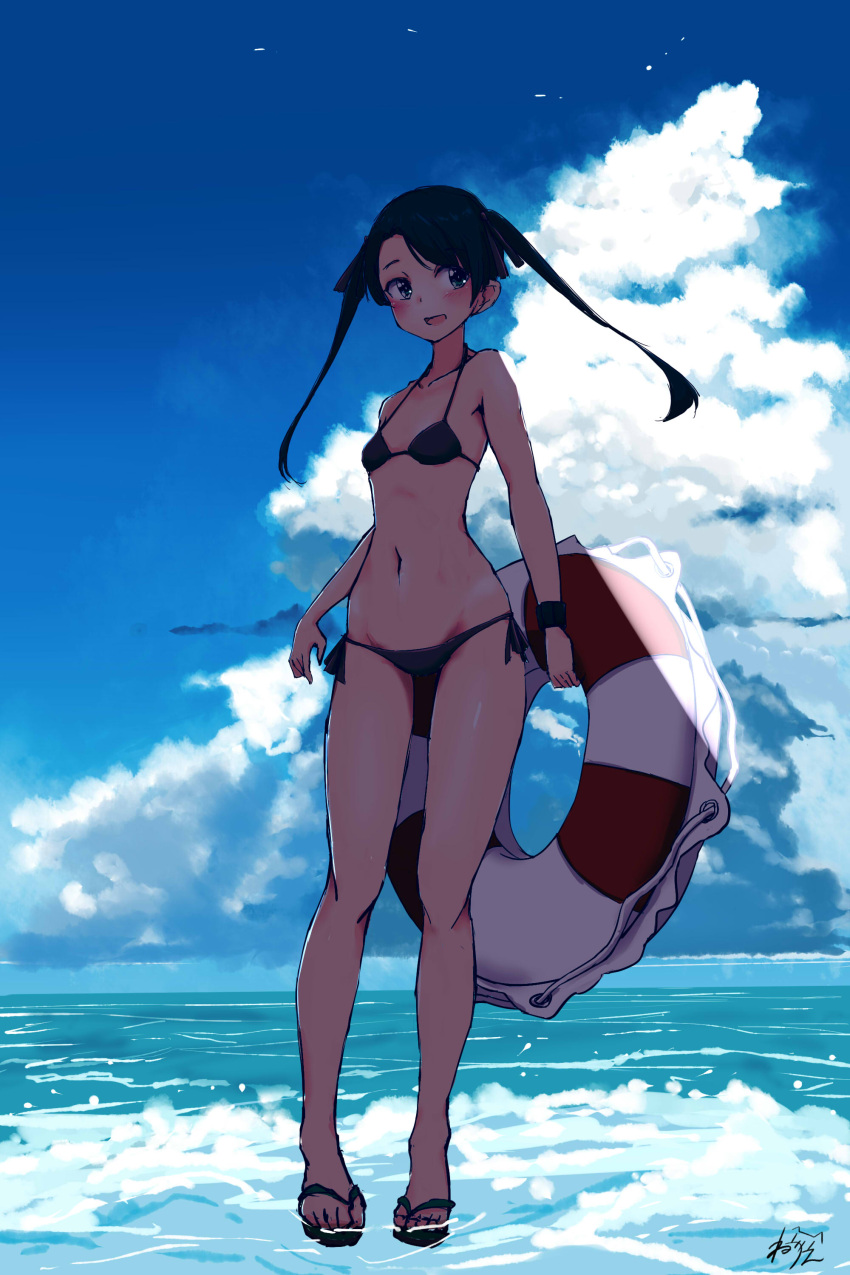 1girl absurdres alternate_costume bikini black_hair blue_sky blush breasts clouds full_body gradient_sky grey_eyes hair_between_eyes highres kantai_collection lifebuoy long_hair mikuma_(kantai_collection) navel neve ocean open_mouth sandals sky small_breasts smile swimsuit twintails