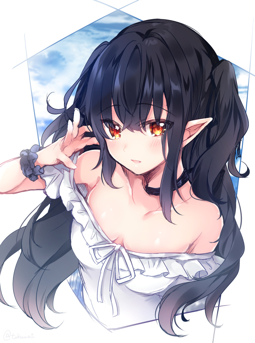 1girl bangs bare_shoulders black_choker black_hair black_ribbon black_scrunchie blue_sky blush breasts brown_eyes choker clouds cloudy_sky copyright_request day dress eyebrows_visible_through_hair fukunoki_tokuwa hair_between_eyes hair_ribbon hand_up highres long_hair medium_breasts off-shoulder_dress off_shoulder parted_lips pointy_ears ribbon scrunchie sky smile solo two_side_up upper_body very_long_hair virtual_youtuber white_dress wrist_scrunchie