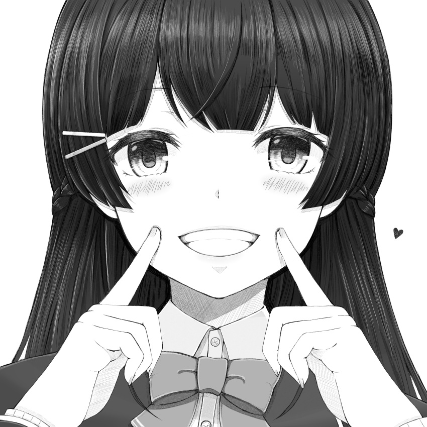 1girl absurdres bangs blazer bow braid collared_shirt dress_shirt eyebrows_visible_through_hair fingernails fingers_to_mouth greyscale grin hair_ornament hairclip hands_up highres jacket long_hair long_sleeves monochrome nijisanji portrait school_uniform shirt simple_background smile solo temari_rin tsukino_mito virtual_youtuber white_background