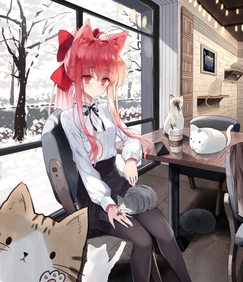 1girl absurdres ahoge animal animal_ear_fluff animal_ears animal_on_lap black_cat black_legwear black_ribbon black_skirt bow breasts cat cat_ears cellphone chair closed_mouth coffee_cup collared_shirt commentary_request cup disposable_cup dress_shirt feet_out_of_frame hair_bow hair_intakes high_ponytail highres indoors long_hair neck_ribbon on_chair original pantyhose phone pink_hair pleated_skirt ponytail red_bow red_eyes ribbon shirt sidelocks sitting skirt small_breasts smile snow solo table tandohark tree very_long_hair white_shirt