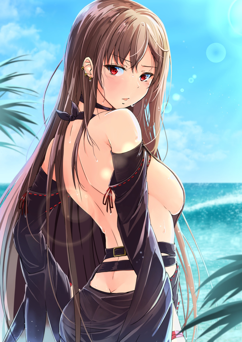 1girl ass backless_dress backless_outfit bangs bare_shoulders beach black_dress black_gloves blue_sky blush breasts brown_hair choker consort_yu_(fate) dress ear_piercing earrings elbow_gloves fate/grand_order fate_(series) gloves hair_between_eyes highres jewelry k3rd long_hair looking_at_viewer looking_back medium_breasts multiple_earrings ocean parted_lips piercing red_eyes sideboob sky solo strapless strapless_dress very_long_hair