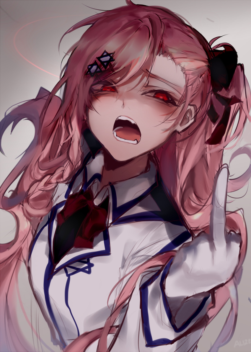 1girl absurdres allze angry blazer bow braid collared_shirt commentary disgust ears girls_frontline gloves hair_ornament hairclip hexagram highres jacket long_hair looking_at_viewer middle_finger military military_uniform negev_(girls_frontline) one_side_up open_mouth pink_hair red_bow red_eyes shaded_face shirt solo star_of_david teeth uniform white_gloves