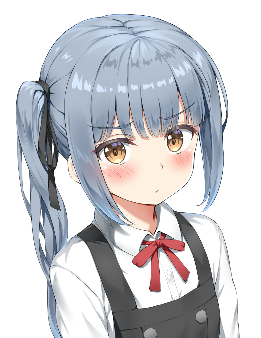 1girl absurdres bangs blunt_bangs blush brown_eyes buttons commentary_request dress eyebrows_visible_through_hair grey_hair highres kantai_collection kasumi_(kantai_collection) long_hair looking_at_viewer neck_ribbon nedia_(nedia_region) pinafore_dress ponytail red_neckwear red_ribbon remodel_(kantai_collection) ribbon shirt side_ponytail simple_background solo upper_body white_background