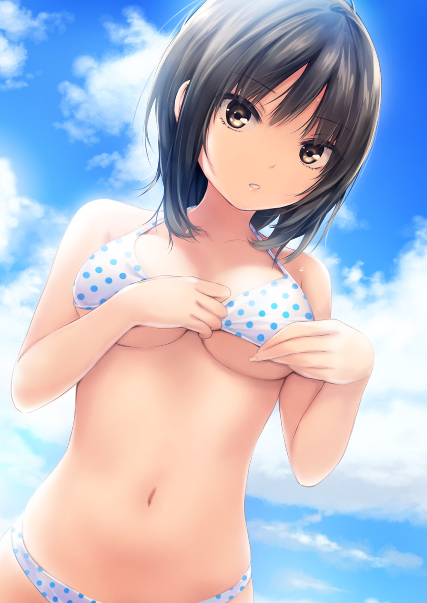 1girl adjusting_clothes adjusting_swimsuit aoyama_sumika bangs bare_arms bare_shoulders bikini black_hair blue_sky blush breasts brown_eyes clouds cloudy_sky coffee-kizoku collarbone commentary_request day dutch_angle eyebrows_visible_through_hair fingernails hair_between_eyes hands_up highres looking_at_viewer medium_breasts navel original outdoors parted_lips polka_dot polka_dot_bikini sky solo swimsuit white_bikini