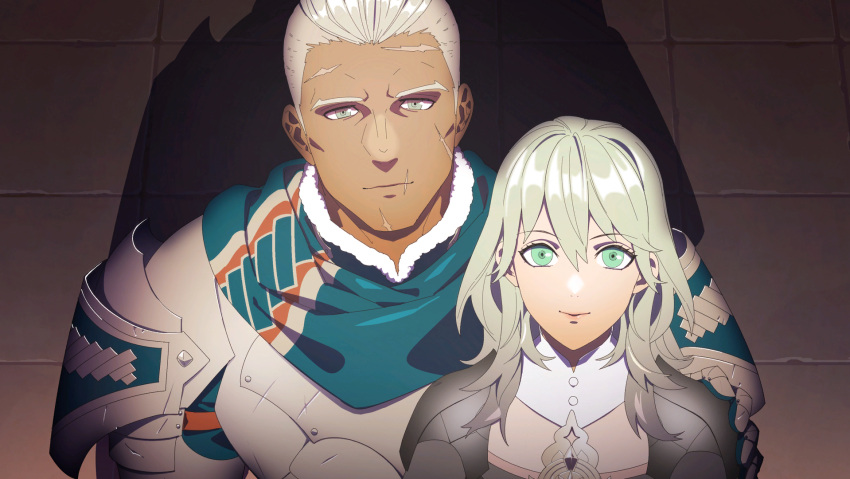 1boy 1girl armor breasts byleth_(fire_emblem) byleth_eisner_(female) collarbone dagger dark_skin dedue_molinaro fire_emblem fire_emblem:_three_houses game_cg green_eyes green_hair highres kurahana_chinatsu light_smile long_hair official_art ornament scar scarf smile tagme weapon white_hair