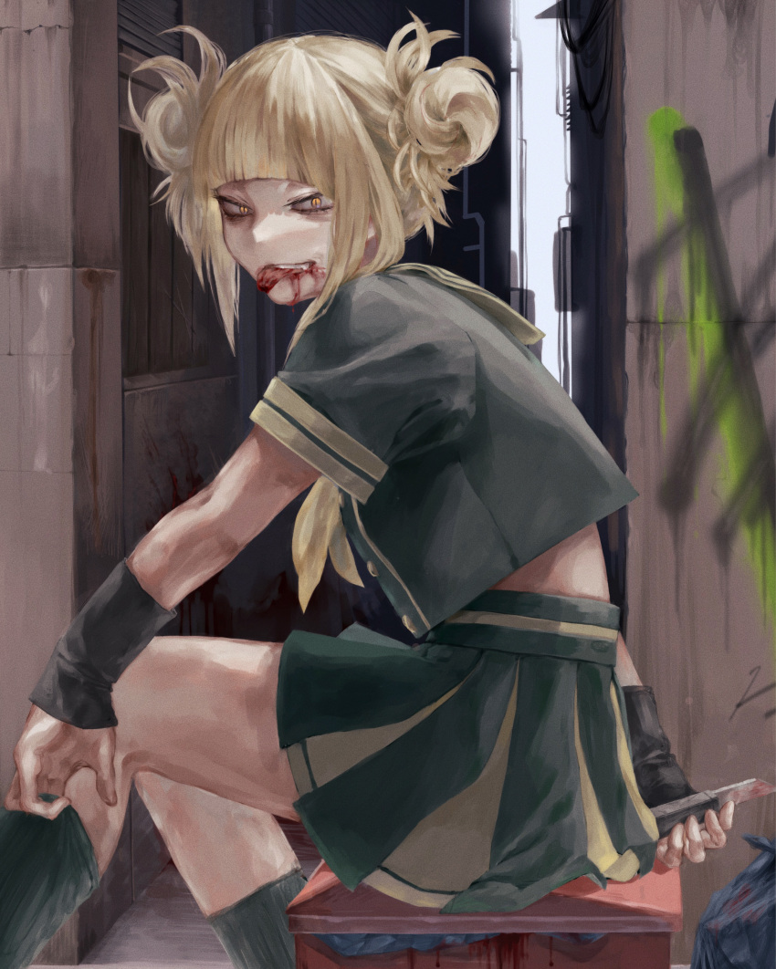 1girl absurdres alley bags_under_eyes bangs blonde_hair blood blood_from_mouth blood_on_face blood_on_wall blood_on_weapon blunt_bangs boku_no_hero_academia boxcutter double_bun fangs fingers highres holding holding_knife holding_weapon kaku1 knife looking_at_viewer messy_hair outdoors pleated_skirt putting_on_legwear sailor_collar sailor_shirt school_uniform serafuku shirt sitting skirt slit_pupils solo teeth toga_himiko tongue tongue_out trash_bag weapon wristband yellow_eyes