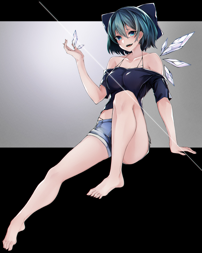 1girl :d absurdres alternate_costume arm_support bangs bare_legs bare_shoulders barefoot black_background black_shirt blue_bow blue_eyes blue_hair bow breasts cirno collarbone commentary_request crop_top denim denim_shorts eyebrows_visible_through_hair full_body grey_background hair_between_eyes hair_bow halterneck hand_up highleg highres huge_filesize ice ice_wings knee_up looking_at_viewer medium_breasts midriff migata off-shoulder_shirt off_shoulder older open_mouth shirt short_hair short_shorts short_sleeves shorts sitting smile solo thighs touhou two-tone_background wings