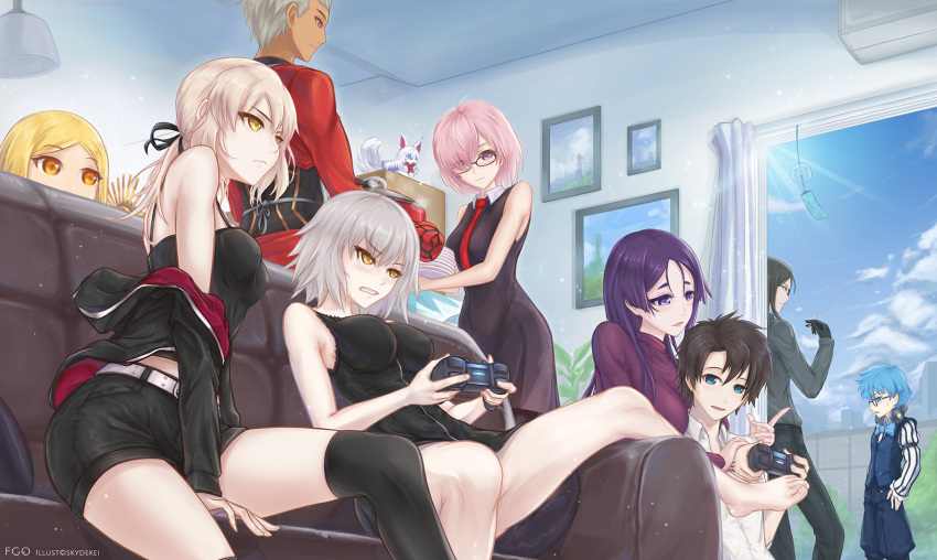 4boys 5girls archer artoria_pendragon_(all) bangs black_dress black_hair black_legwear blonde_hair blue_eyes blue_hair bow bowtie breasts brown_eyes cigar controller creature dress fate/extra fate/extra_ccc fate/grand_order fate/stay_night fate_(series) fou_(fate/grand_order) fujimaru_ritsuka_(male) game_controller glasses hair_over_one_eye hans_christian_andersen_(fate) highres jeanne_d'arc_(alter)_(fate) jeanne_d'arc_(fate)_(all) large_breasts long_hair long_sleeves lord_el-melloi_ii low-tied_long_hair mash_kyrielight minamoto_no_raikou_(fate/grand_order) multiple_boys multiple_girls necktie older open_mouth pantyhose parted_bangs paul_bunyan_(fate/grand_order) playing_games purple_hair saber_alter short_hair silver_hair skyde_kei tsurime very_long_hair violet_eyes waver_velvet white_hair wicked_dragon_witch_ver._shinjuku_1999 yellow_eyes
