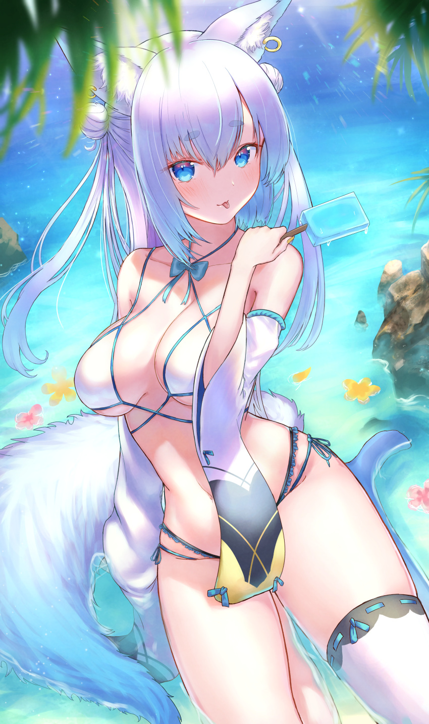 1girl absurdres animal_ears arm_support bangs bare_shoulders bikini blue_eyes blunt_bangs breasts collarbone detached_sleeves eyebrows_visible_through_hair food fox_ears fox_girl fox_tail frilled_bikini frills from_above hayataku1234 highres huge_filesize long_hair looking_at_viewer medium_breasts original outdoors palm_leaf palm_tree popsicle revealing_clothes short_eyebrows side-tie_bikini sideboob silver_hair single_thighhigh sitting slingshot_swimsuit solo swimsuit tail thigh-highs thighs tongue tongue_out tree under_boob water white_legwear wide_sleeves
