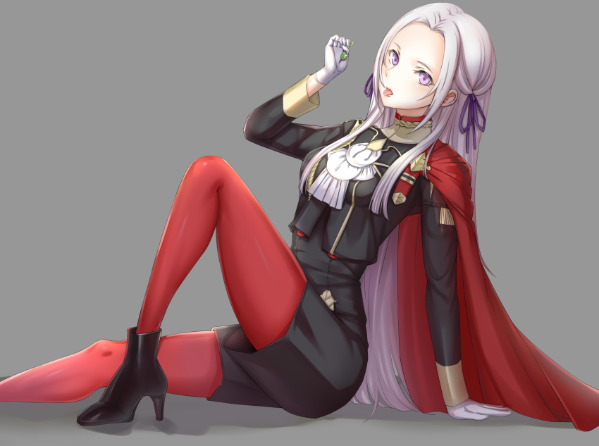 1girl absurdres bangs black_footwear breasts cape coat edelgard_von_hresvelg fire_emblem fire_emblem:_three_houses gloves goldenweeksama grey_background hair_ribbon high_heels highres knee_up lavender_eyes long_hair long_sleeves looking_at_viewer medium_breasts military military_uniform miniskirt pantyhose parted_bangs red_legwear ribbon silver_hair simple_background sitting skirt solo tongue tongue_out uniform white_gloves