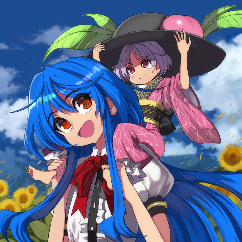 2girls :d bangs barefoot black_headwear black_sash blue_hair blue_sky blush bow bowtie carrying_over_shoulder center_frills clouds commentary_request day eyebrows_visible_through_hair field flower flower_field food fruit hair_between_eyes hat hat_removed head_tilt headwear_removed highres hinanawi_tenshi japanese_clothes kimono leaf long_hair long_sleeves looking_at_another looking_up multiple_girls obi open_mouth outdoors peach petals petticoat puffy_short_sleeves puffy_sleeves purple_hair purple_kimono red_bow red_eyes red_neckwear sash shirt shope short_hair short_sleeves sidelocks sky smile sukuna_shinmyoumaru sunflower touhou upper_body white_shirt wide_sleeves
