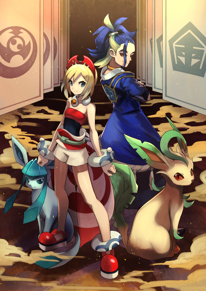 1boy 1girl absurdres adaman_(pokemon) anklet back-to-back blonde_hair blue_coat blue_eyes blue_hair bracelet brown_hair closed_mouth coat crossed_arms full_body glaceon green_hair hairband highres irida_(pokemon) jewelry leafeon long_hair looking_at_viewer multicolored_hair neck_ring pokemon pokemon_(creature) pokemon_(game) pokemon_legends:_arceus red_hairband red_shirt sash shirt short_hair short_shorts shorts smile teo_(telo_ruka) tied_hair