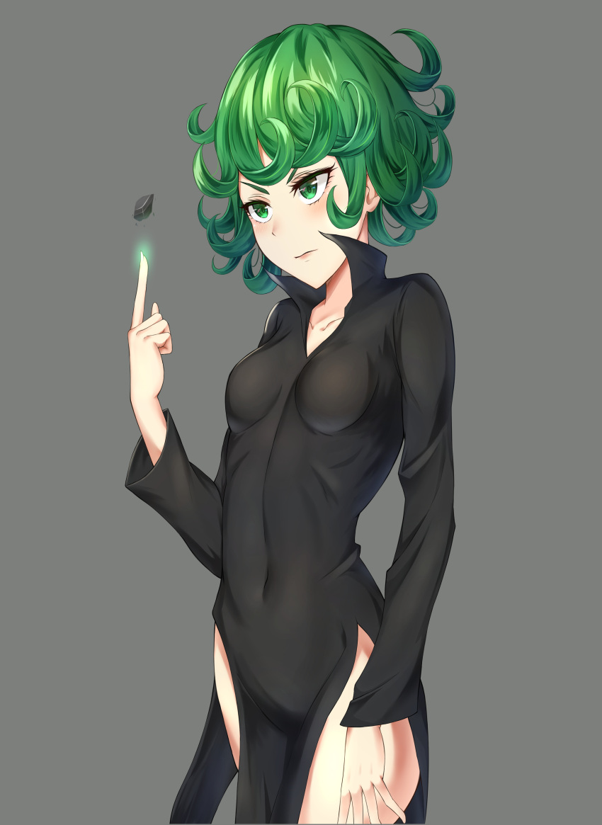 1girl absurdres angdo_(kakajo26) black_dress blush breasts collarbone commentary_request curly_hair dress green_eyes green_hair grey_background highres long_sleeves looking_at_viewer navel one-punch_man pointing pointing_up short_hair simple_background small_breasts solo stone tatsumaki telekinesis