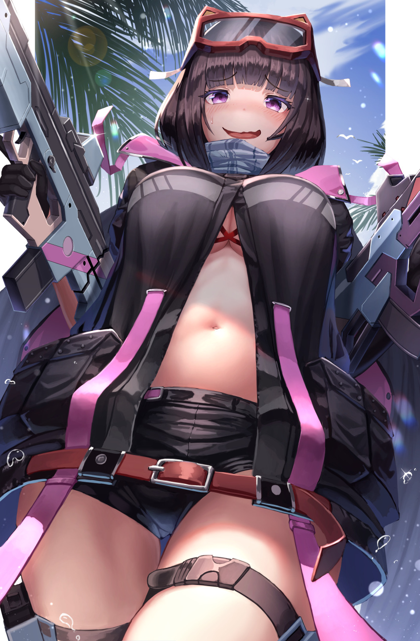 1girl absurdres bangs black_gloves black_hair black_jacket black_shorts blush breasts fate/grand_order fate_(series) gloves goggles goggles_on_head gun highres jacket large_breasts long_hair long_sleeves looking_at_viewer navel nekoneko_jun2_123 open_clothes open_mouth osakabe-hime_(fate/grand_order) osakabe-hime_(swimsuit_archer)_(fate) short_shorts shorts ski_goggles smile solo thigh_strap thighs twintails very_long_hair violet_eyes wavy_mouth weapon
