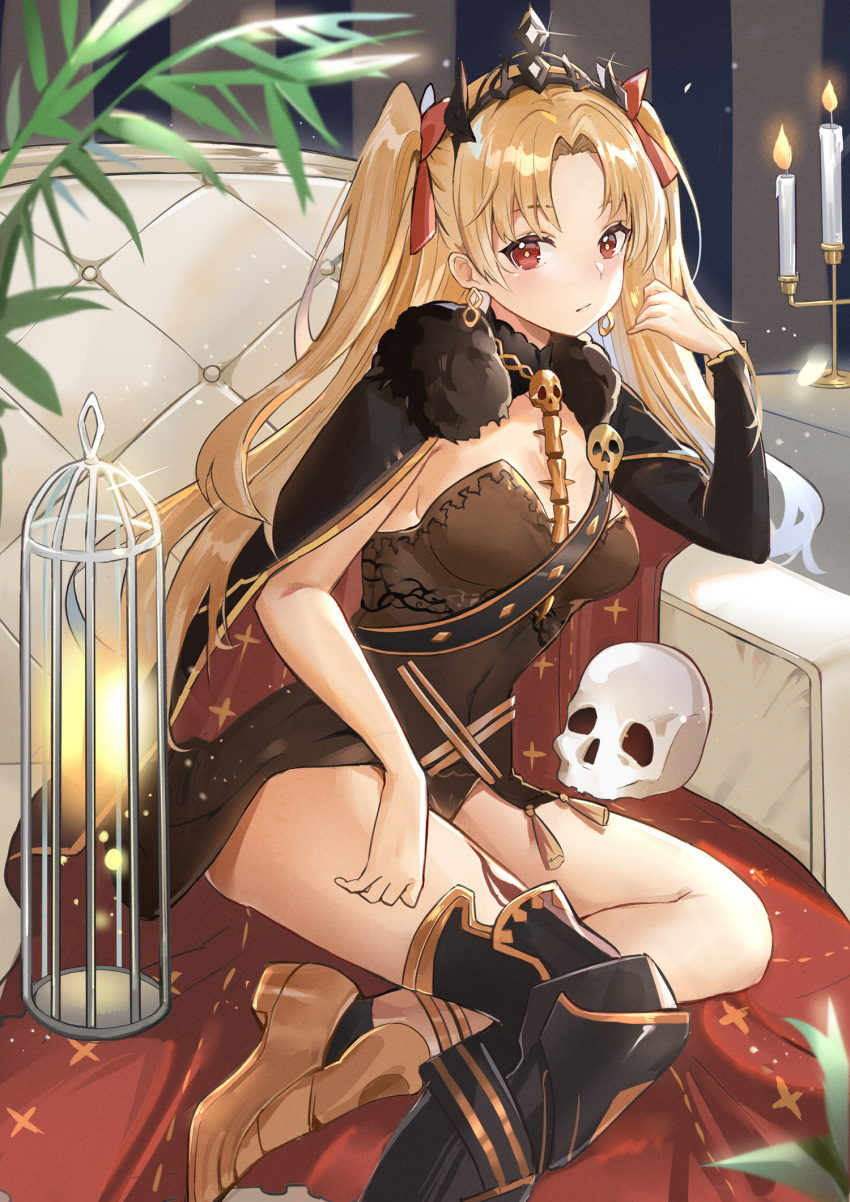 1girl bangs birdcage black_cape black_legwear blonde_hair blurry blurry_foreground bow breasts brown_footwear brown_leotard burning bxr cage candle candlestand cape closed_mouth commentary_request couch depth_of_field earrings ereshkigal_(fate/grand_order) eyebrows_visible_through_hair fate/grand_order fate_(series) fire forehead fur-trimmed_cape fur_trim glowing hair_bow hand_up highres infinity jewelry leotard long_hair long_sleeves looking_at_viewer medium_breasts multicolored multicolored_cape multicolored_clothes on_couch parted_bangs red_bow red_cape red_eyes shoes single_sleeve single_thighhigh skull solo spine strapless strapless_leotard thigh-highs tiara two_side_up very_long_hair