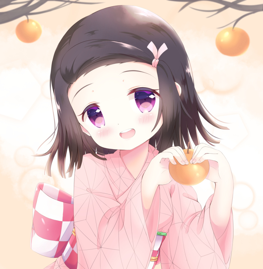 1girl :d bangs blush bow brown_hair checkered checkered_bow commentary english_commentary fingernails food forehead hair_ribbon hands_up head_tilt highres holding holding_food japanese_clothes kamado_nezuko kimetsu_no_yaiba kimono kittipat_jituatakul long_sleeves obi open_mouth parted_bangs pink_kimono pink_nails pink_ribbon ribbon round_teeth sash smile solo teeth tree_branch upper_body upper_teeth violet_eyes wide_sleeves younger